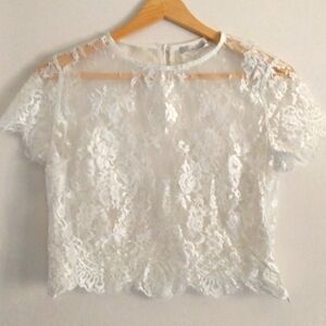 90's Floral Lace Scalloped Crop Top Sheer Size Medium White